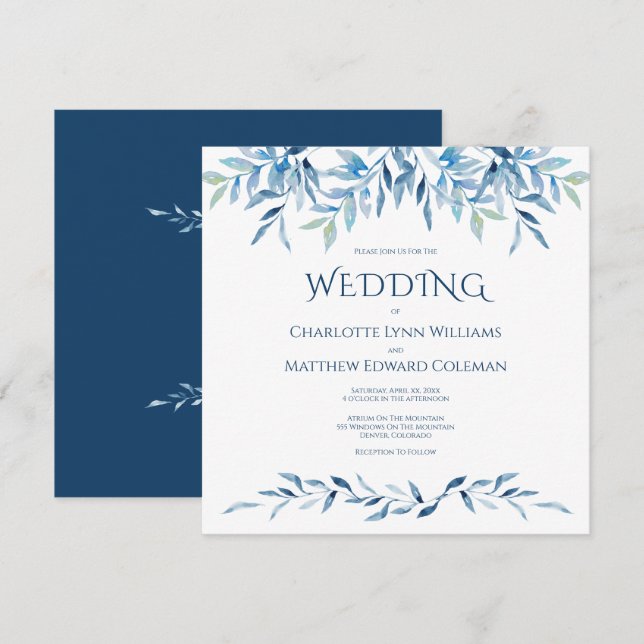 Soft Watercolor Blue Branches Wedding Invitation (Front/Back)