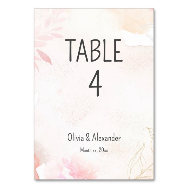 Soft Watercolor Blush Floral Wedding Table Number (Front)