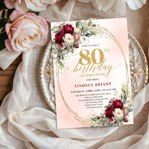 Soft Watercolor Burgundy Floral 80th Birthday Invitation