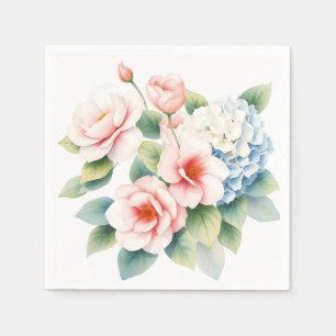 Soft Watercolor Camellias and Hydrangeas Napkin