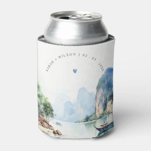 Soft Watercolor Coastal Thailand Seascape Wedding Can Cooler