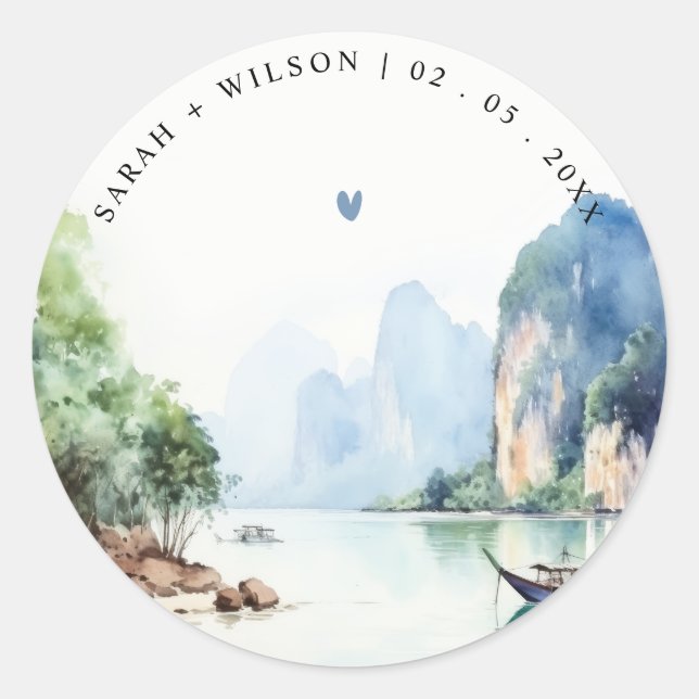 Soft Watercolor Coastal Thailand Seascape Wedding Classic Round Sticker (Front)
