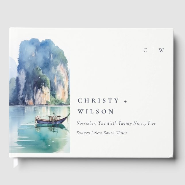 Soft Watercolor Coastal Thailand Seascape Wedding Guest Book (Front)