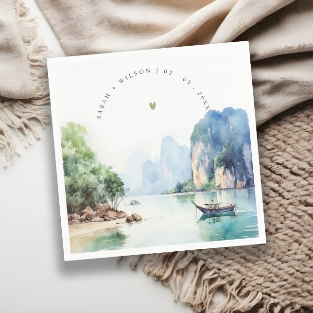 Soft Watercolor Coastal Thailand Seascape Wedding Napkin (Creator Uploaded)