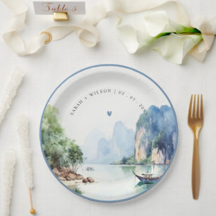 Soft Watercolor Coastal Thailand Seascape Wedding Paper Plate