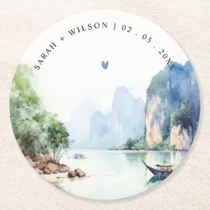 Soft Watercolor Coastal Thailand Seascape Wedding Round Paper Coaster