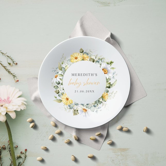 Soft Watercolor Daisy Wildflowers Baby Shower Paper Plate (Rustic Chic BABY SHOWER GENDER NEUTRAL PAPER WITH MOMMY NAME AND DATE. BOTANICAL THEME YELLOW WHITE )