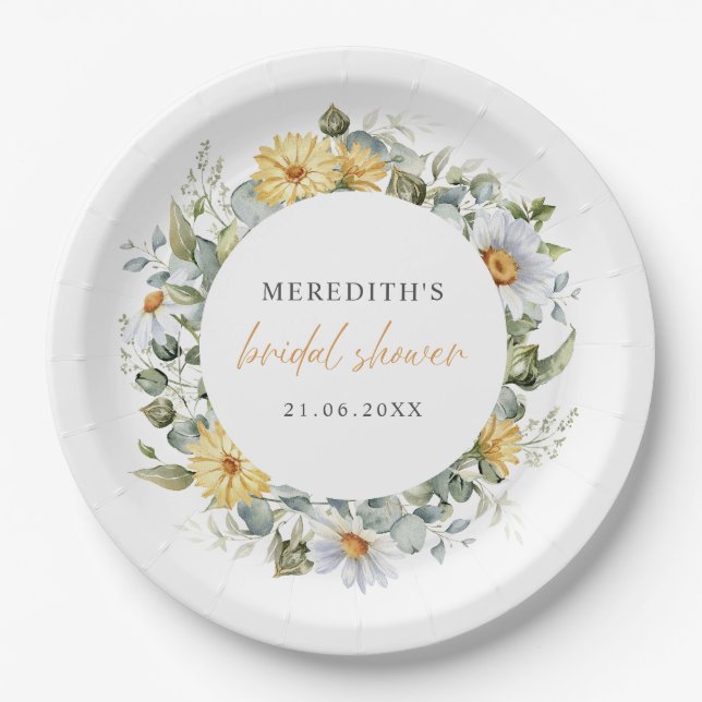 Soft Watercolor Daisy Wildflowers  Bridal Shower Paper Plate (Front)