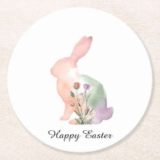 Soft Watercolor Easter Bunny Floral Silhouette Round Paper Coaster