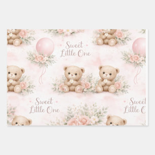 Soft Watercolor Floral Balloon blus bear Wrapping Paper Sheet