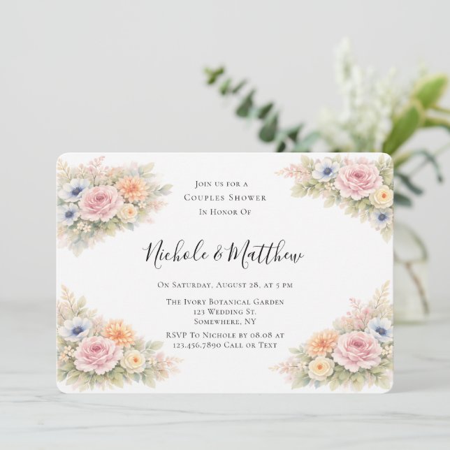 Soft Watercolor Floral Couples Shower Invitation (Standing Front)