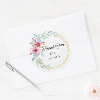 Soft Watercolor Floral Gold Frame Thank You Round Classic Round Sticker