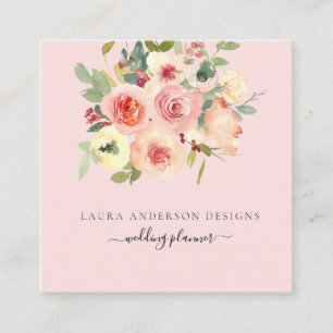 Soft watercolor floral in pink background square b square business card