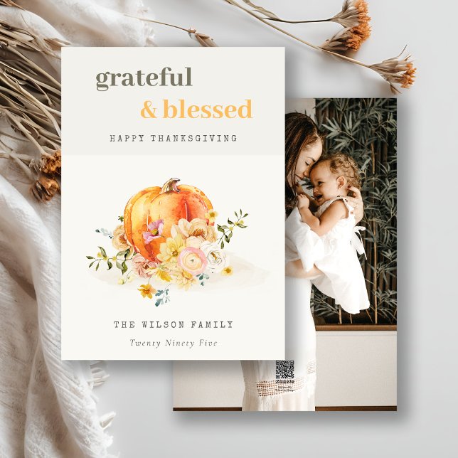 Soft Watercolor Floral Photo Pumpkin Thanksgiving Holiday Card (Creator Uploaded)