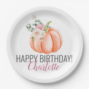 Soft Watercolor Floral Pumpkin Birthday Paper Plate