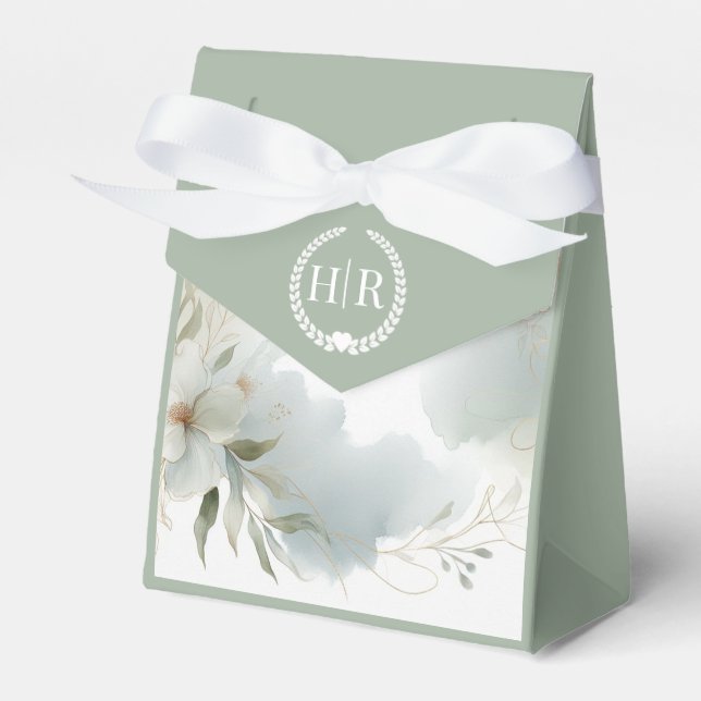 Soft Watercolor Floral Sage Green Wedding Favour Box (Front Side)