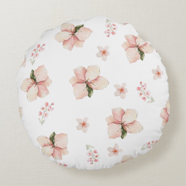 Soft Watercolor Floral Seamless Pattern Round Cushion (Back)