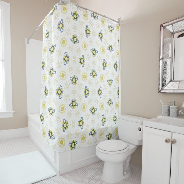 Soft Watercolor Floral Tile Pattern Shower Curtain (In Situ)