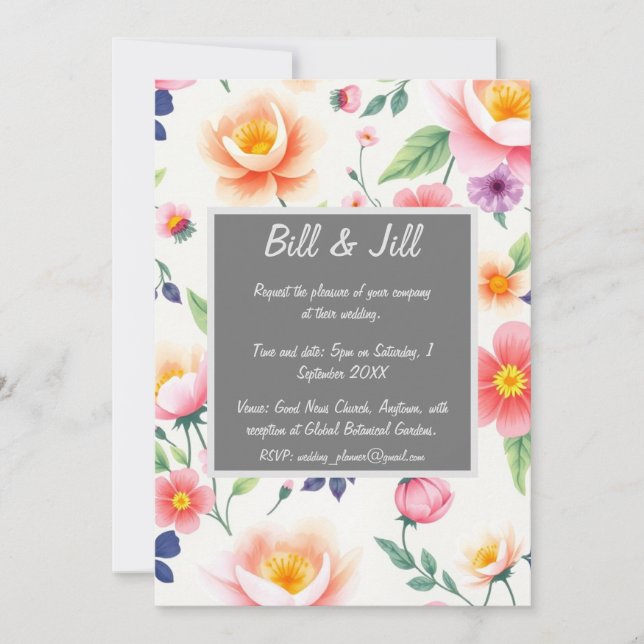 Soft Watercolor Floral + White Background Wedding Invitation (Front)