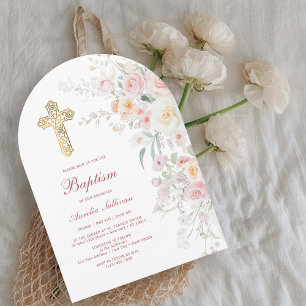 Soft Watercolor Flowers Arch Baptism Invitation