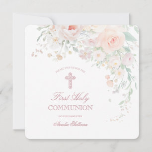 Soft Watercolor Flowers First Communion Invitation