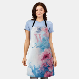 Soft Watercolor Flowers in Pink and Blue Apron