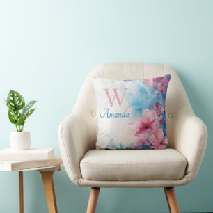 Soft Watercolor Flowers in Pink and Blue Cushion