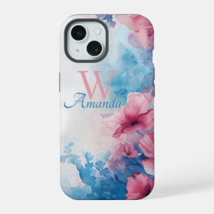 Soft Watercolor Flowers in Pink and Blue iPhone 15 Case