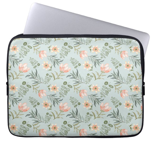 Soft watercolor flowers & leaves laptop sleeve (Front)