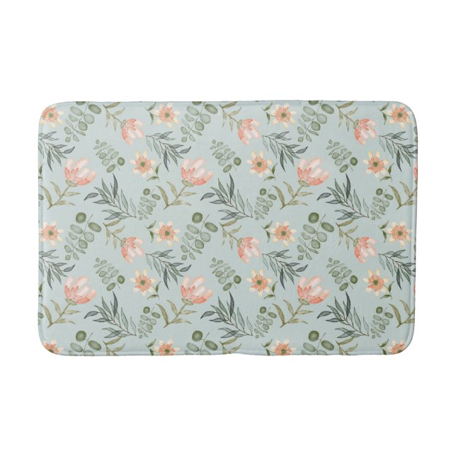 Soft watercolor flowers & leaves Tile Bath Mat (Front)
