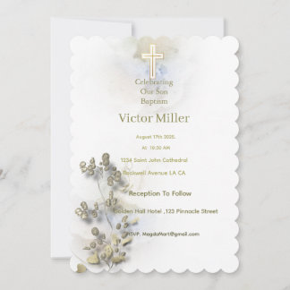 Soft watercolor & golden Cross Baptism invitation 