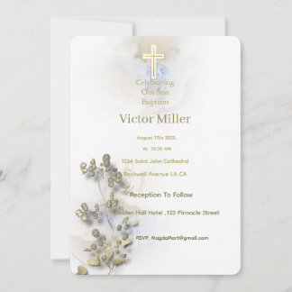 Soft watercolor & golden Cross Baptism invitation 