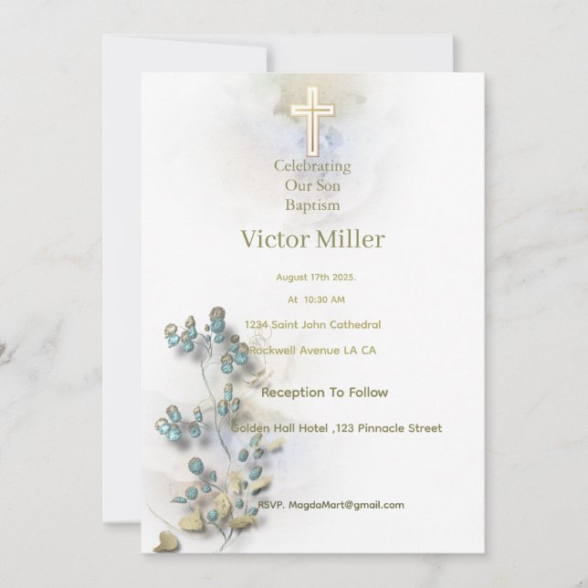 Soft watercolor & golden Cross Baptism invitation  (Front)