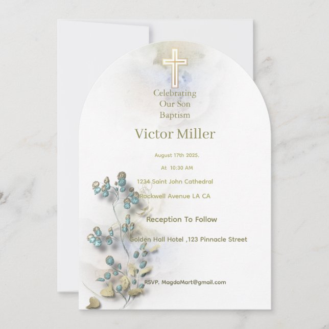 Soft watercolor & golden Cross Baptism invitation  (Front)