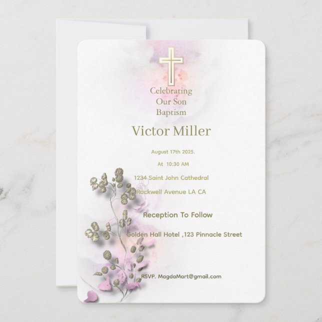Soft watercolor & golden Cross Baptism invitation  (Front)