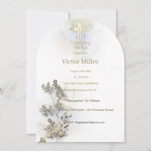 Soft watercolor & golden Cross Baptism invitation  (Front)