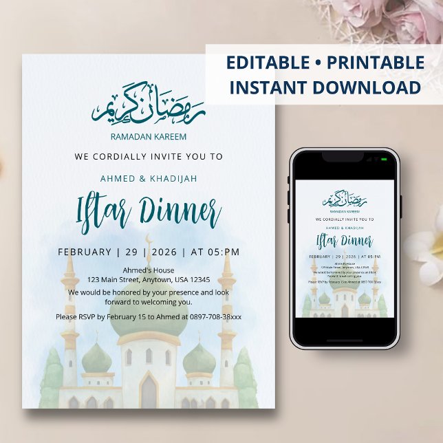 Soft Watercolor Green Dome Mosque Iftar Invitation (Creator Uploaded)