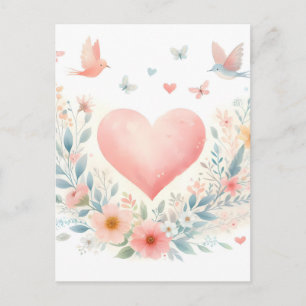 Soft Watercolor Heart Love Flowers Birds Announcement Postcard