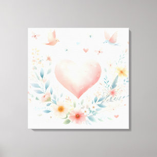Soft Watercolor Heart Love Flowers Birds Canvas Print