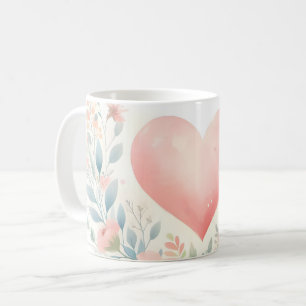 Soft Watercolor Heart Love Flowers Birds Coffee Mug