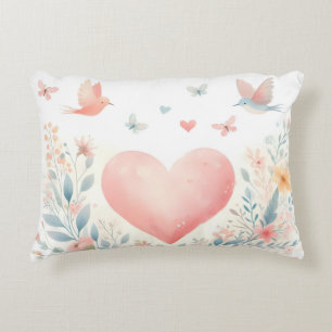 Soft Watercolor Heart Love Flowers Birds Decorative Cushion