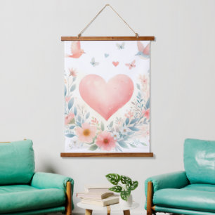Soft Watercolor Heart Love Flowers Birds Hanging Tapestry