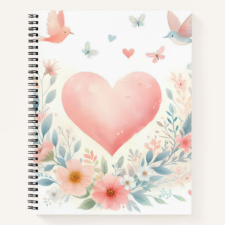 Soft Watercolor Heart Love Flowers Birds Notebook