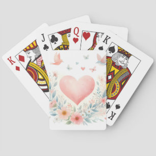 Soft Watercolor Heart Love Flowers Birds Playing Cards