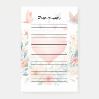 Soft Watercolor Heart Love Flowers Birds Post-it Notes