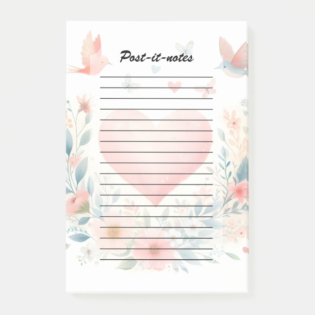 Soft Watercolor Heart Love Flowers Birds Post-it Notes (Front)