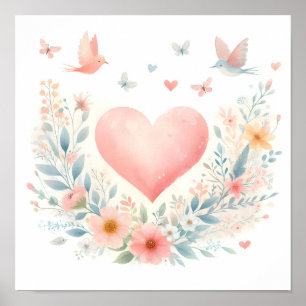 Soft Watercolor Heart Love Flowers Birds Poster