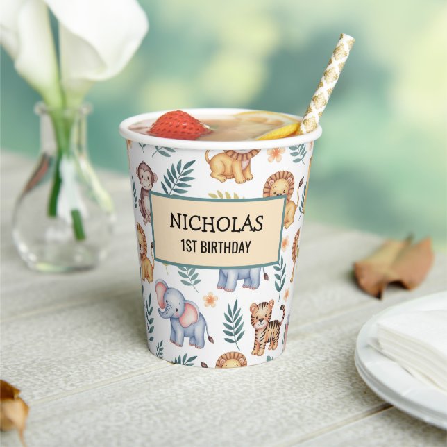 Soft Watercolor Jungle Animals Leaves Pattern Paper Cups (Insitu)