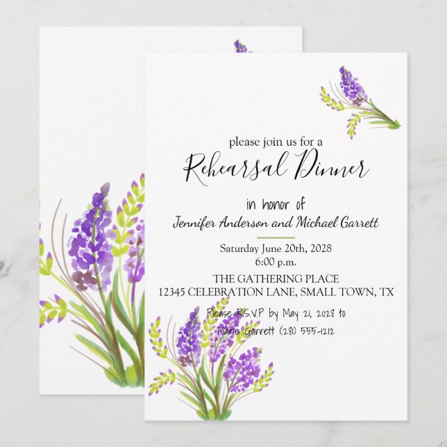 Soft Watercolor Lavender and Green Florals Invitation (Front/Back)
