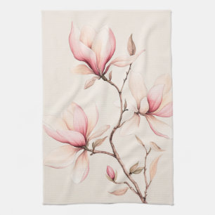 Soft Watercolor Magnolia Blooms Elegant  Tea Towel